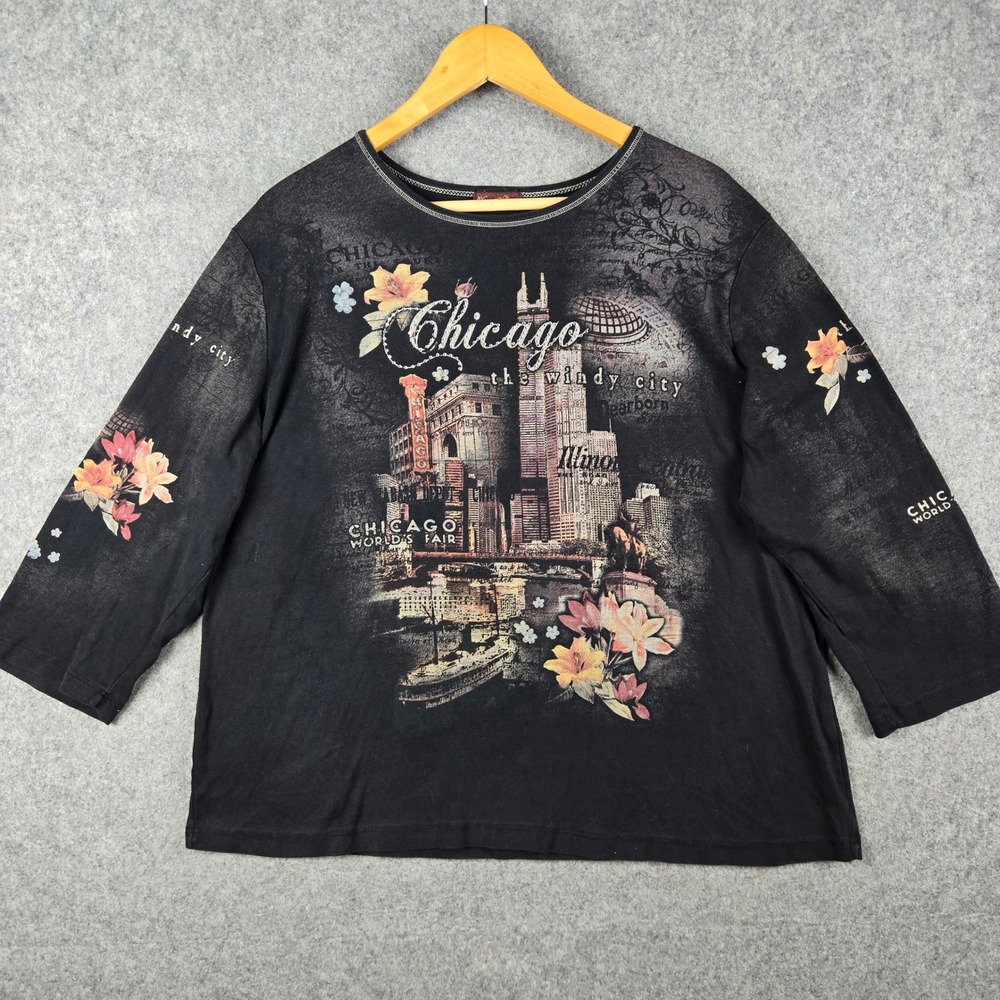 Flower N Ring Chicago Graphic Top Womens 2X Black Rhinestone Souvenir Tee Y2K
